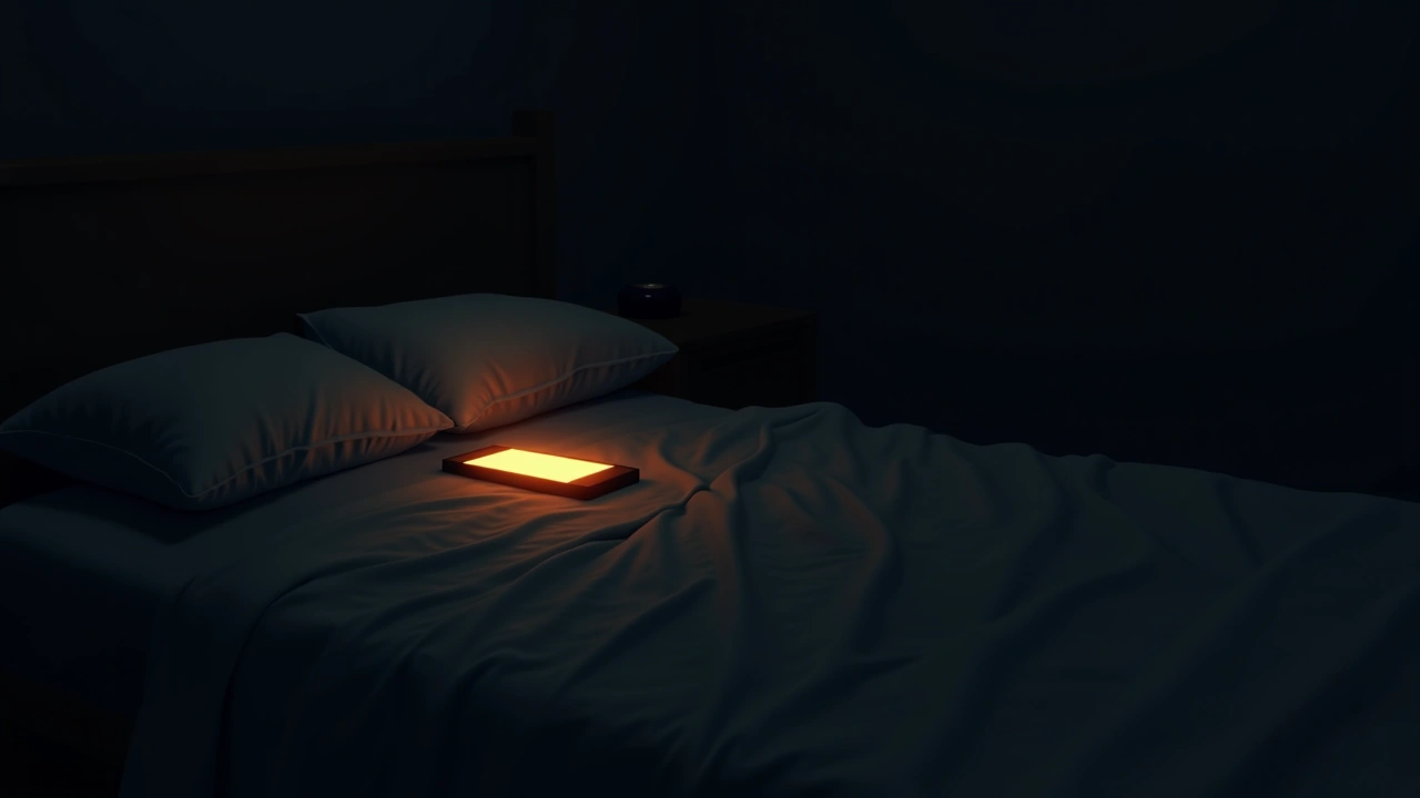 Illustration: A phone glowing on a rumpled bed in a dim bedroom at night.