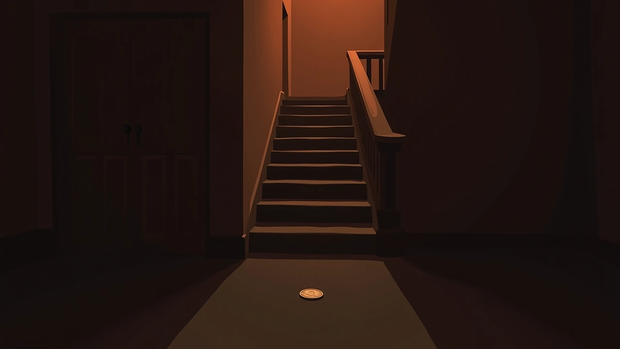 Illustration: a single coin left on a dim staircase landing in an apartment building.