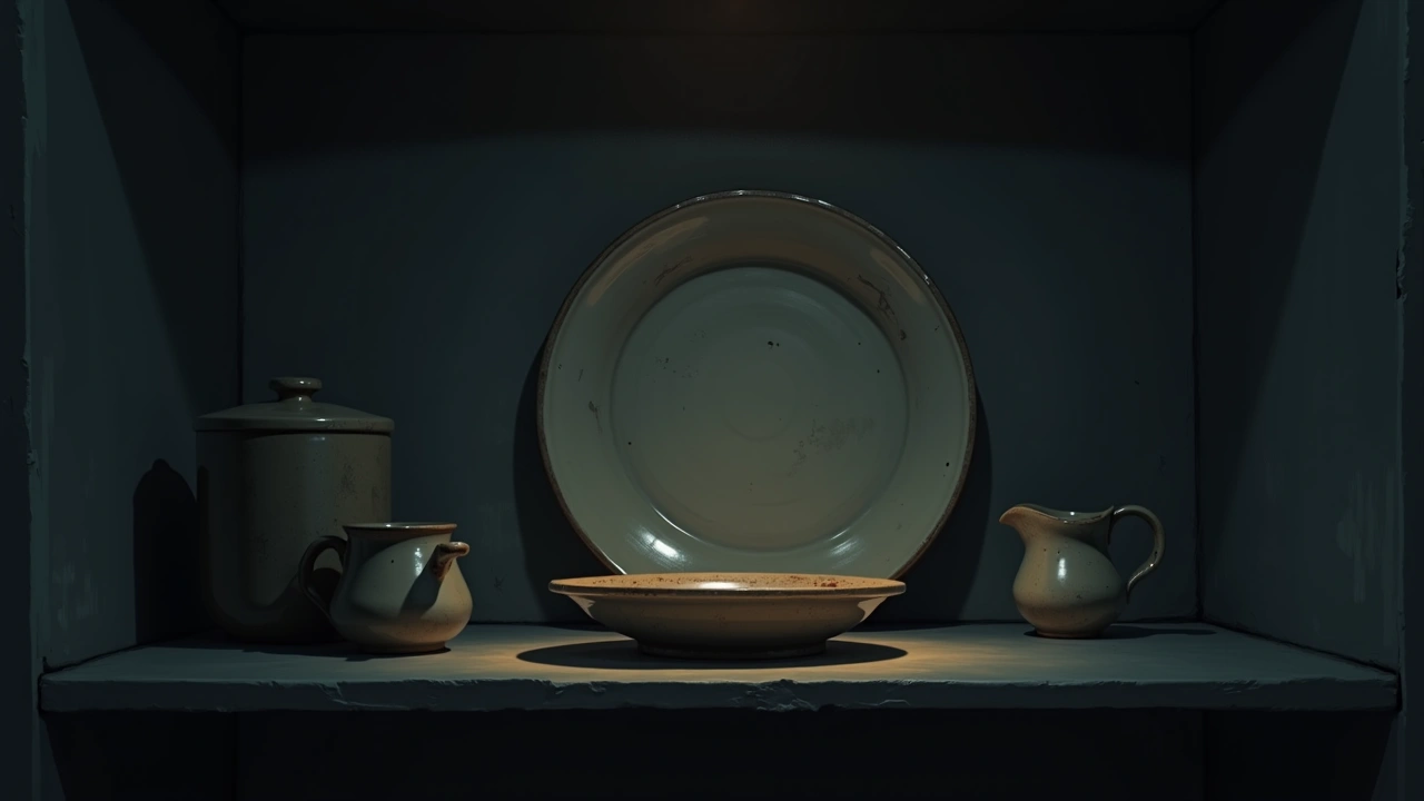 Illustration: a weathered ceramic plate displayed on a kitchen shelf.