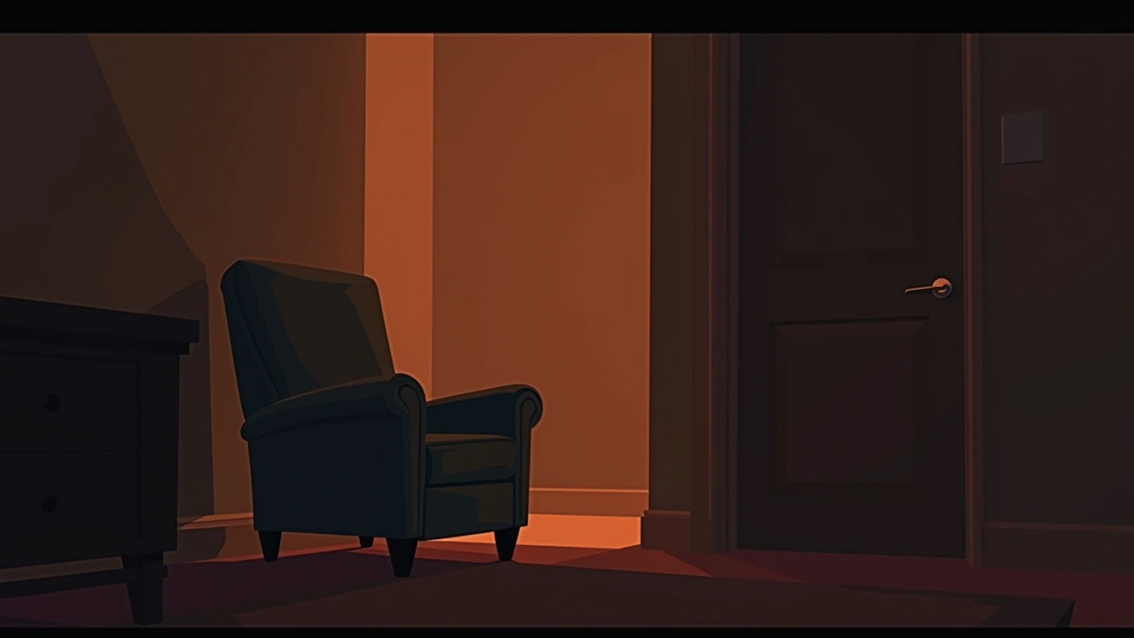 Illustration: an empty recliner chair in a quiet, softly lit living room.