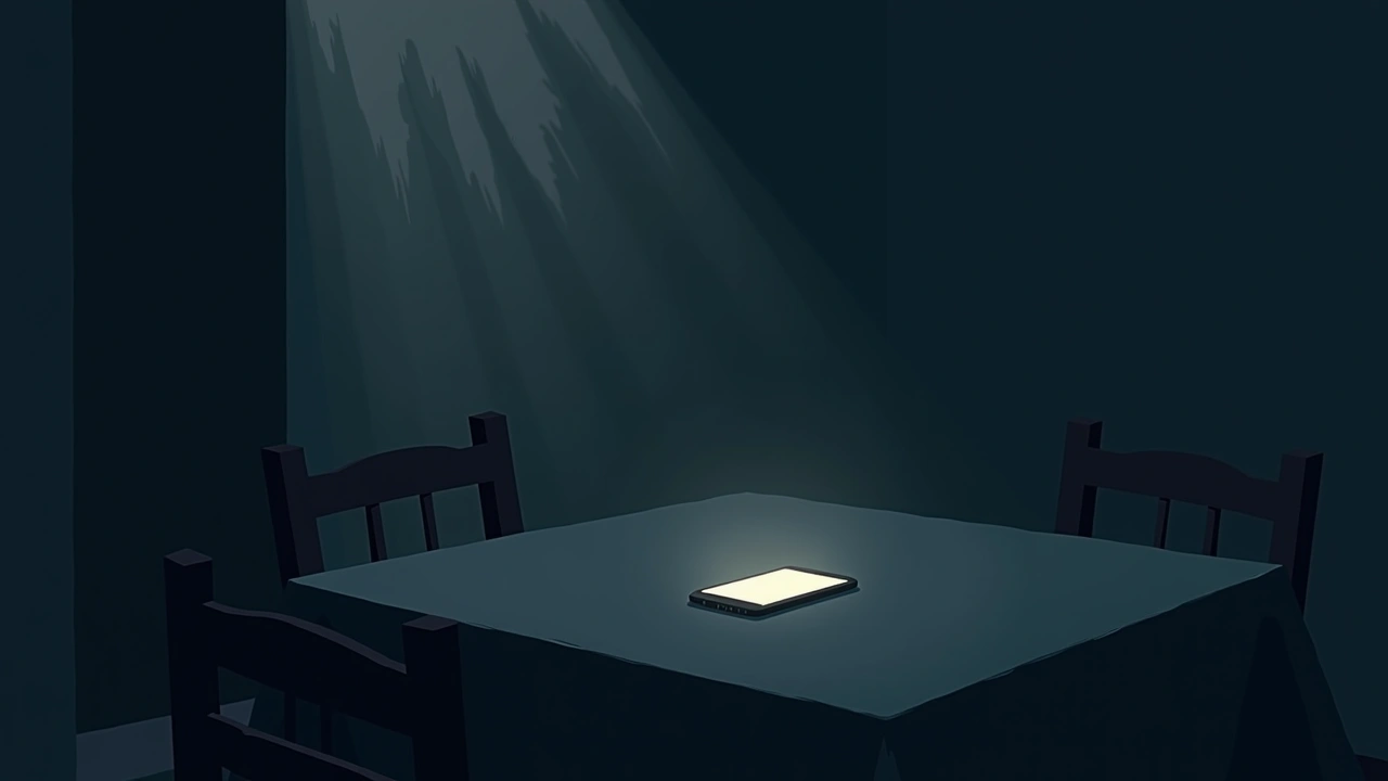 Illustration: a phone glowing softly on a dining room table in the evening light.