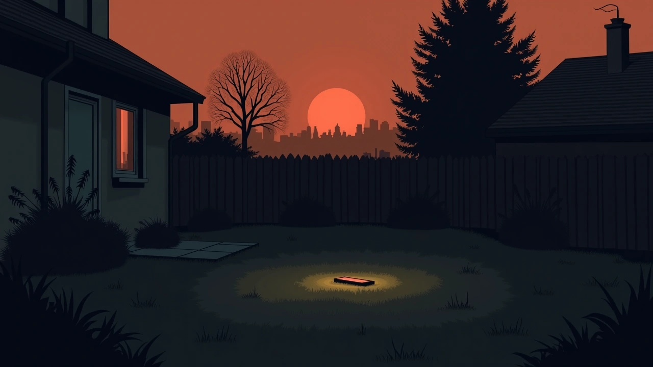 Illustration: a quiet backyard at dusk with a phone resting on the grass.