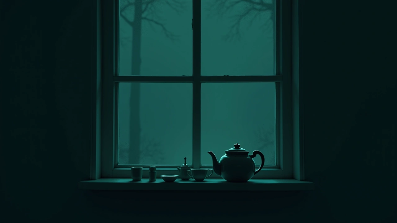 Illustration: A vintage tea set on a windowsill in a dim, quiet upstairs room.