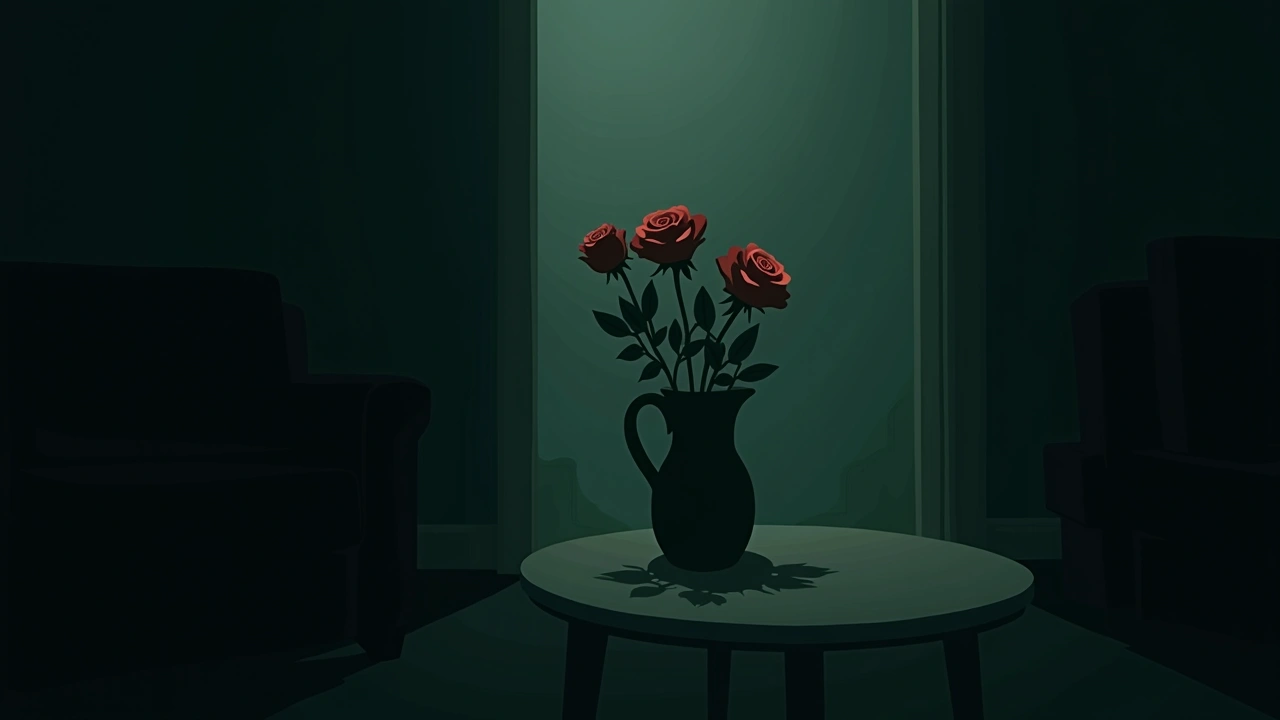 Illustration: a vase of roses in a dim living room.