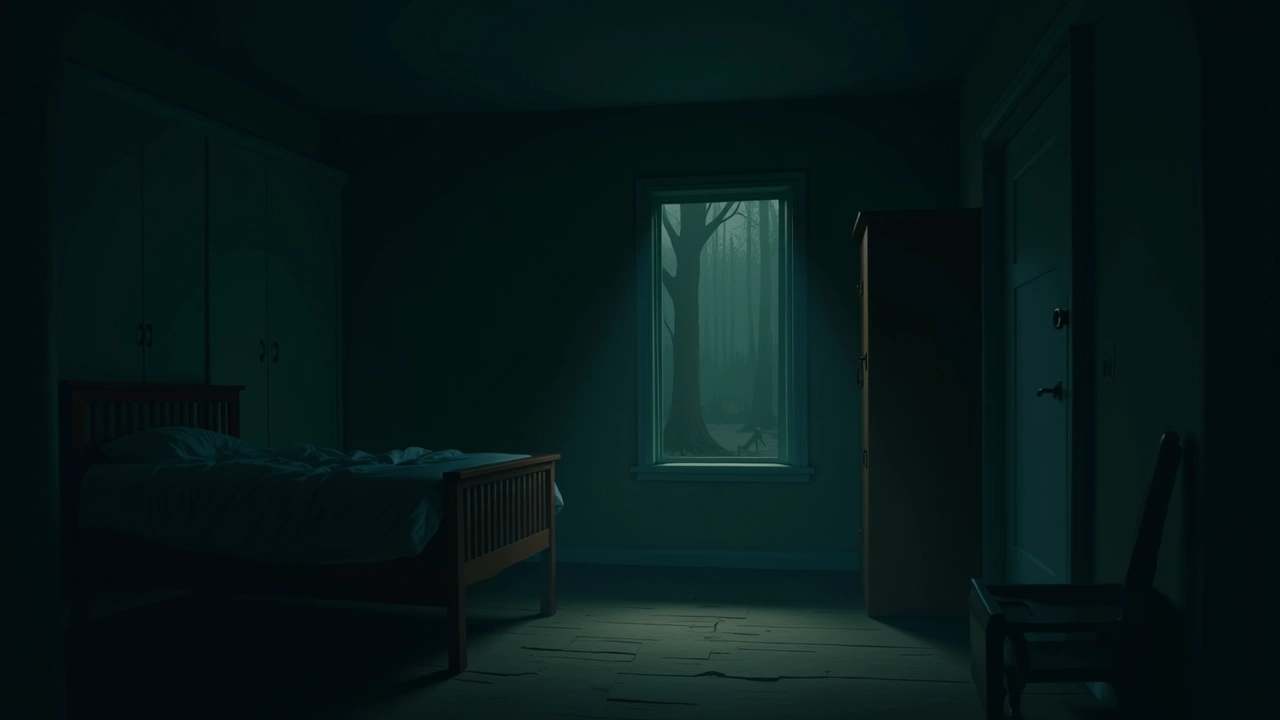 Illustration: a dim, quiet bedroom in an old house at night, empty and still.