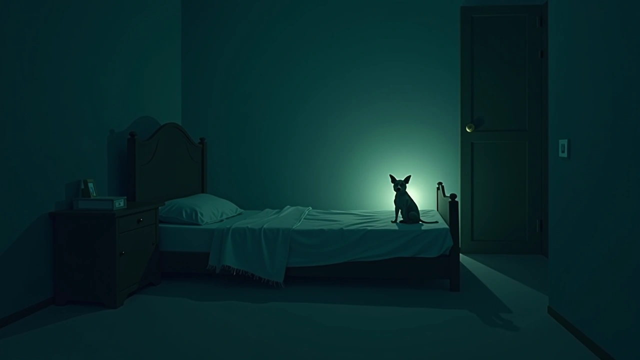 Illustration: a small dog sitting alert at the foot of a bed in a dim bedroom at night.