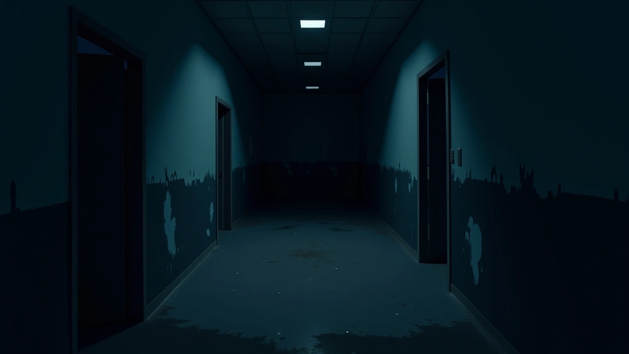 Illustration: a dim, abandoned school hallway with peeling paint at night.