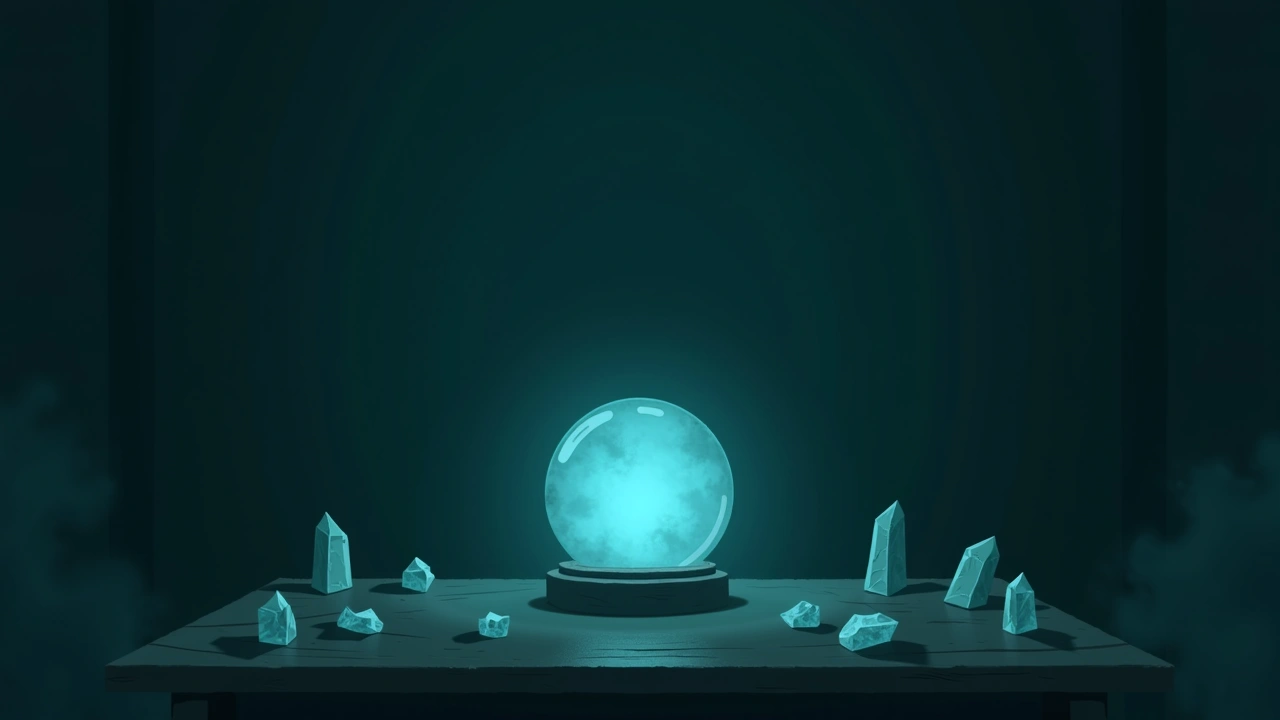 Illustration: a blue-lit glass globe glowing on a table surrounded by scattered crystals in a dim room.