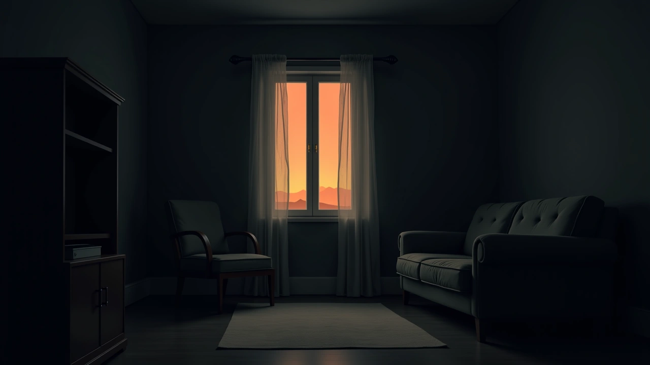Illustration: a quiet family home living room, sunlight through the front window.