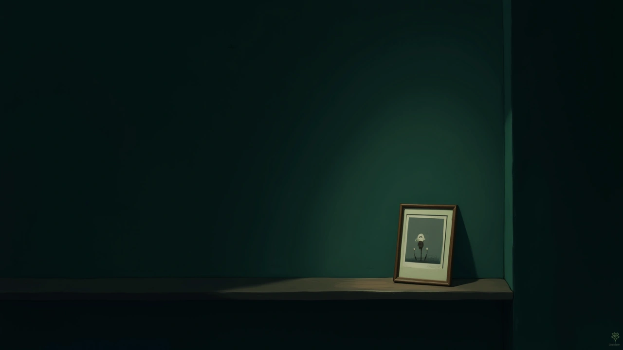 Illustration: a framed photograph resting on a shelf in a dim, quiet room.