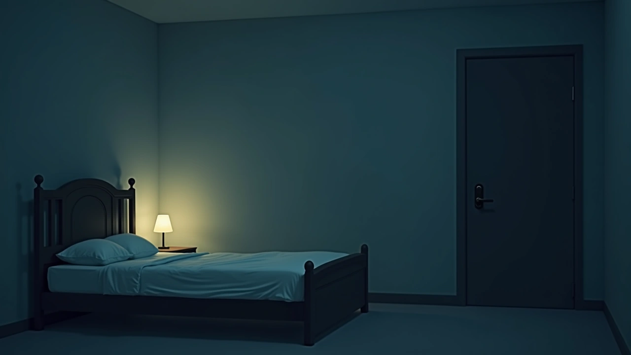 Illustration: A faint glow near a bed in a dim bedroom at night.