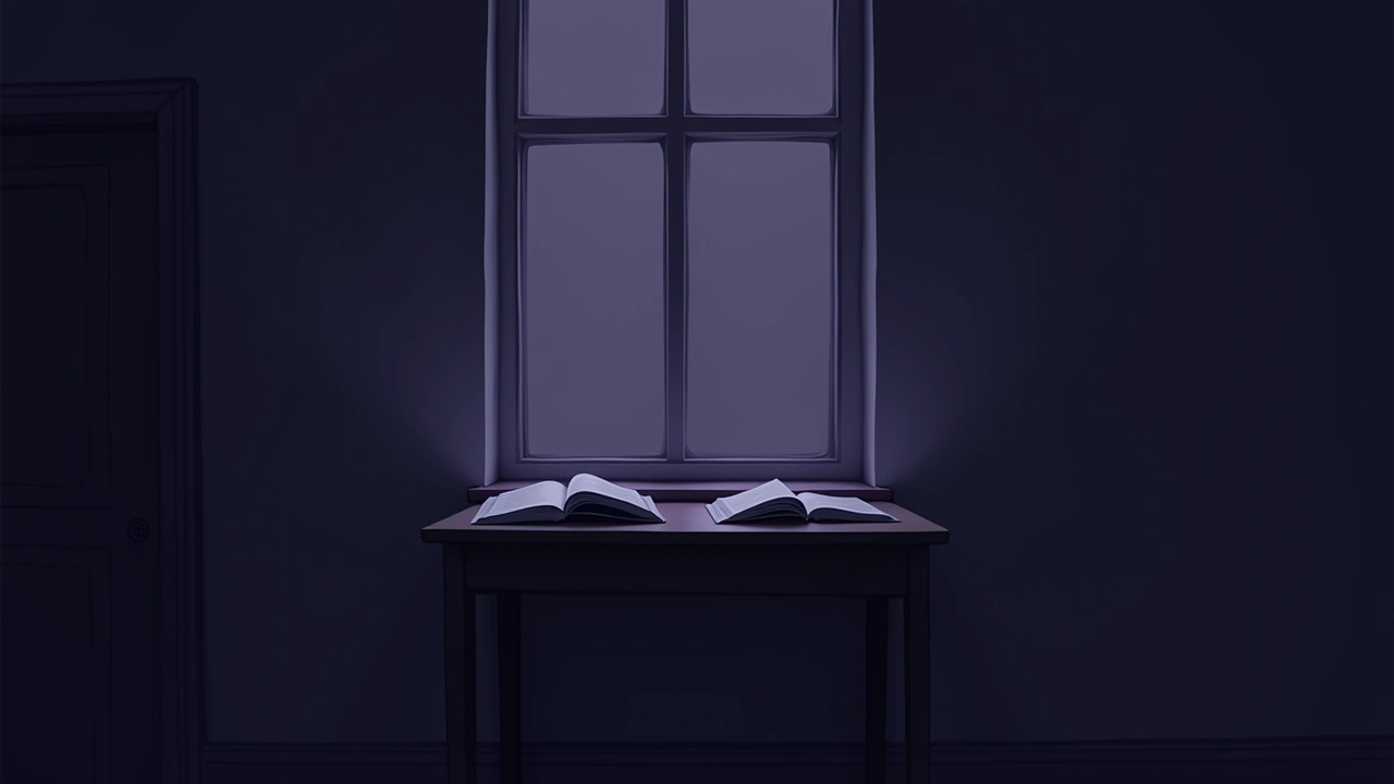 Illustration: a small desk with open homework books in a dim boarding-room bedroom.