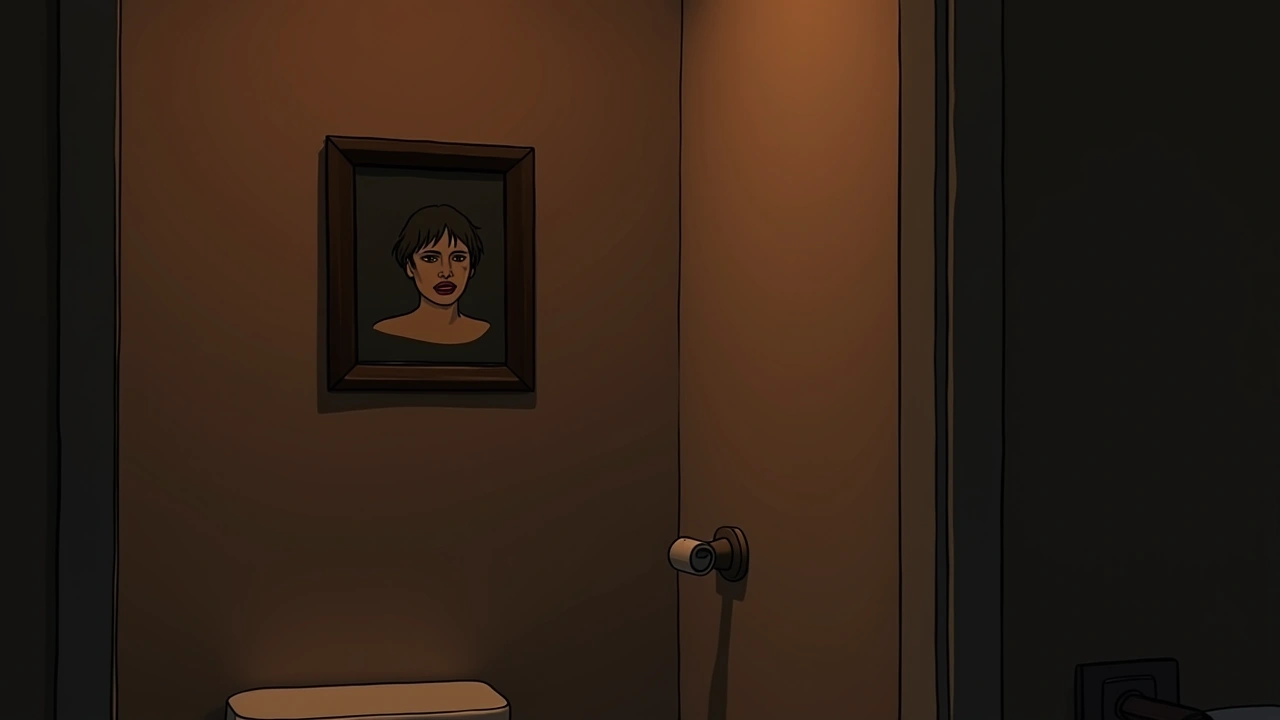Illustration: A framed family photograph on a bathroom wall, softly lit at night.