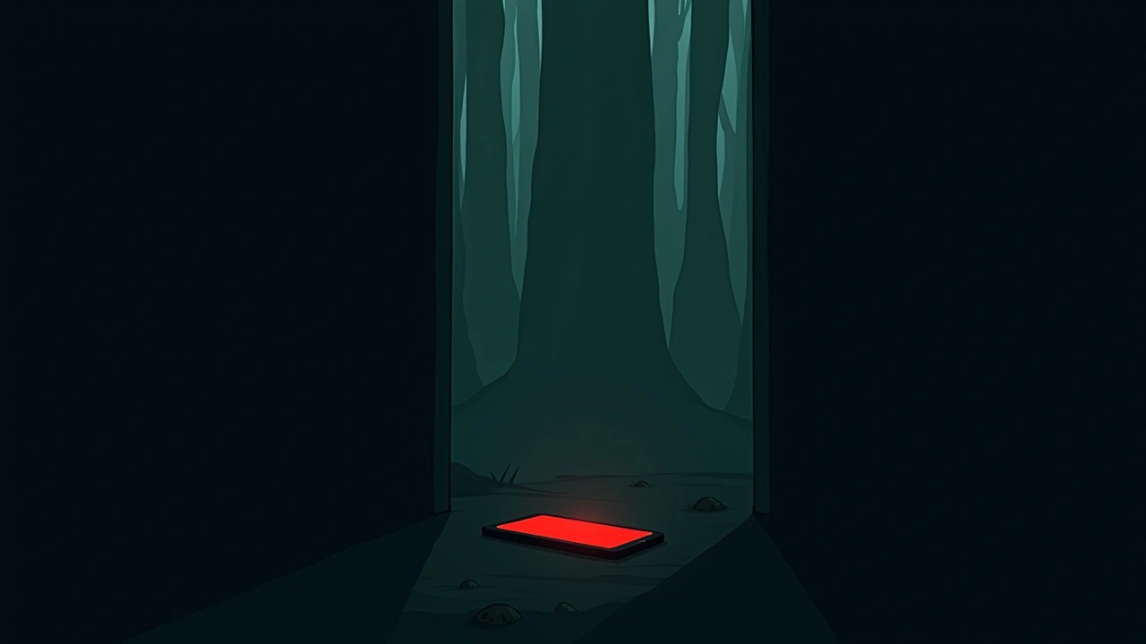 Illustration: a phone screen glowing red in a dark room.