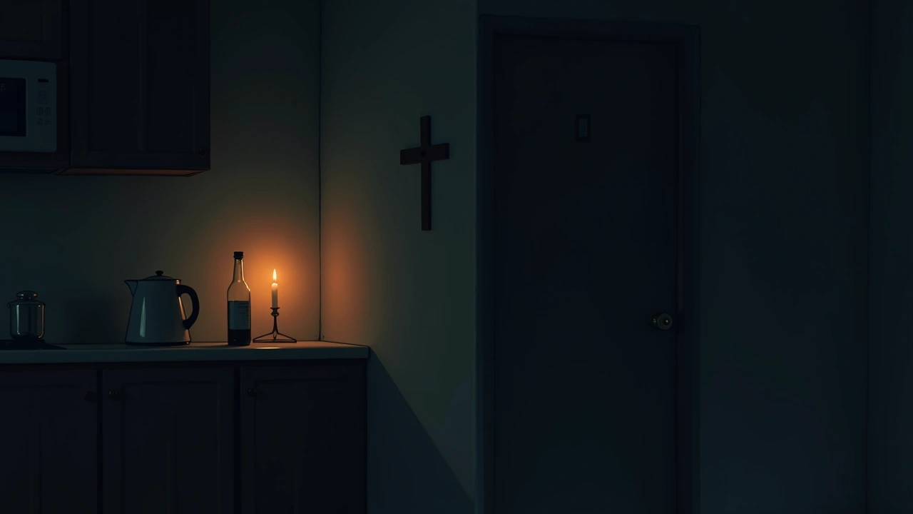 Illustration: a small cross on a kitchen wall near an ice maker, softly lit in an otherwise dim room.