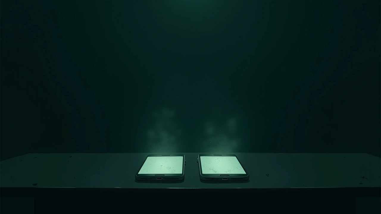 Illustration: Two phones glowing side by side on a dark table, faint static patterns on their screens.