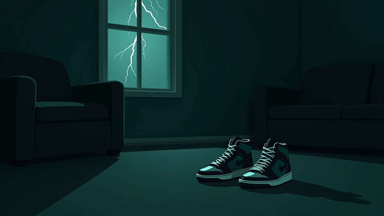 Illustration: a pair of basketball sneakers left on a living room floor, lightning flickering at the window.