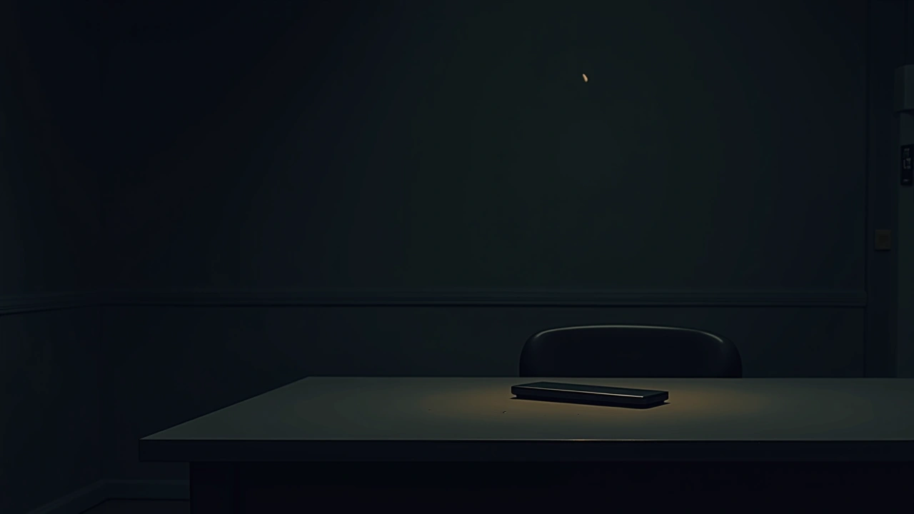 Illustration: a phone resting alone on a kitchen table in an empty room.