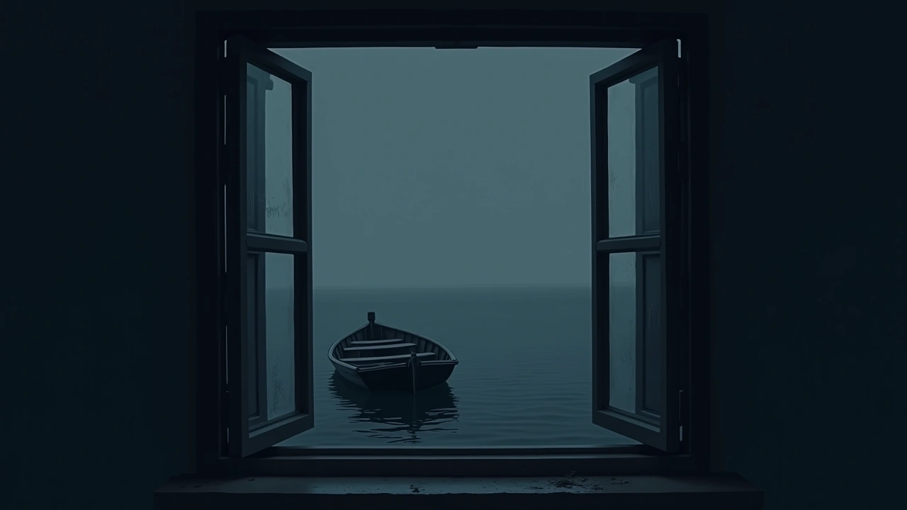 Illustration: an open window overlooking dark water at night, near an old wooden boat.