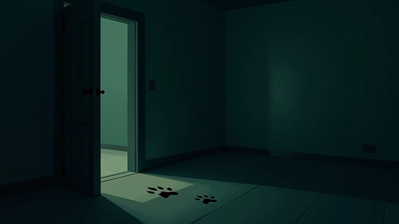 Illustration: A warm, quiet bedroom at night with a faint paw-print shaped shadow near the doorway.