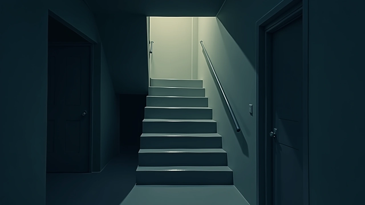 Illustration: a dim basement stairwell in an old apartment building.