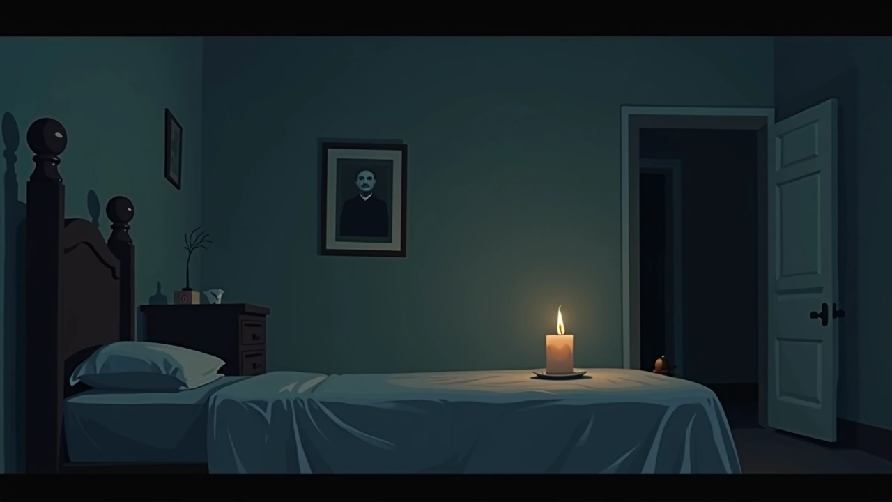 Illustration: A dim bedroom at night with a single candle flickering beside an old photograph.