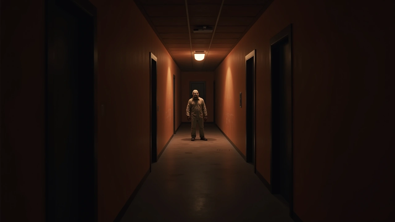 Illustration: A dimly lit workplace corridor during a night shift.