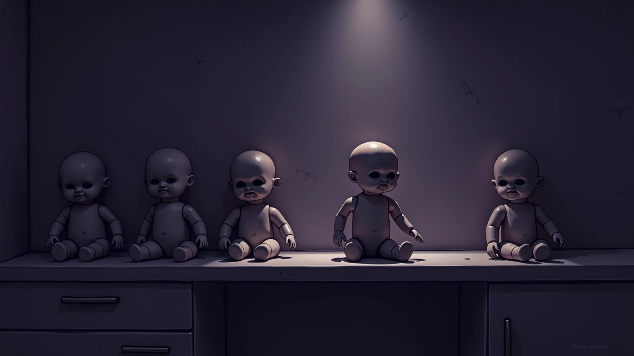 Illustration: A row of old dolls on a kitchen counter in dim evening light.