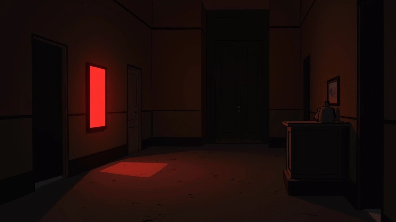 Illustration: a historic hotel lobby at night, lit only by a phone screen glowing red.