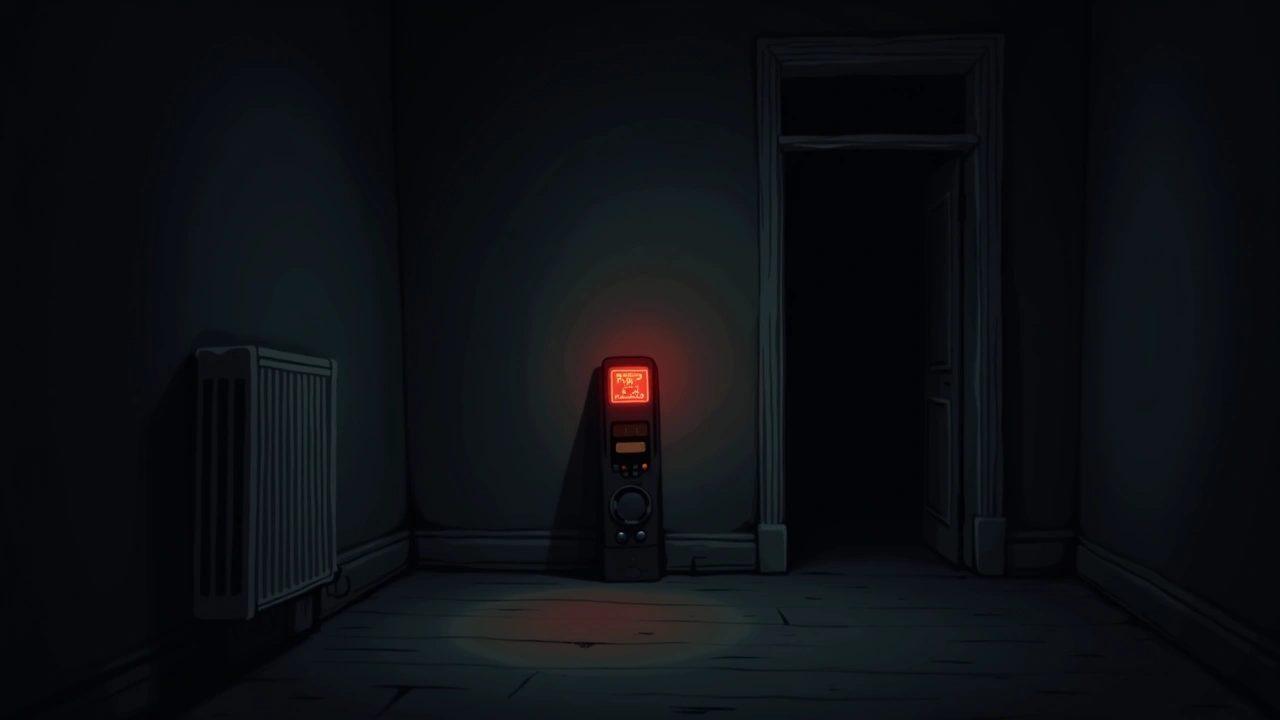 Illustration: a back room in an old house with an EMF meter glowing red.