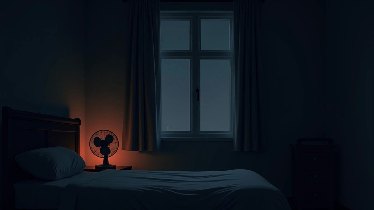 Illustration: a small electric fan by a bedroom window at dusk.