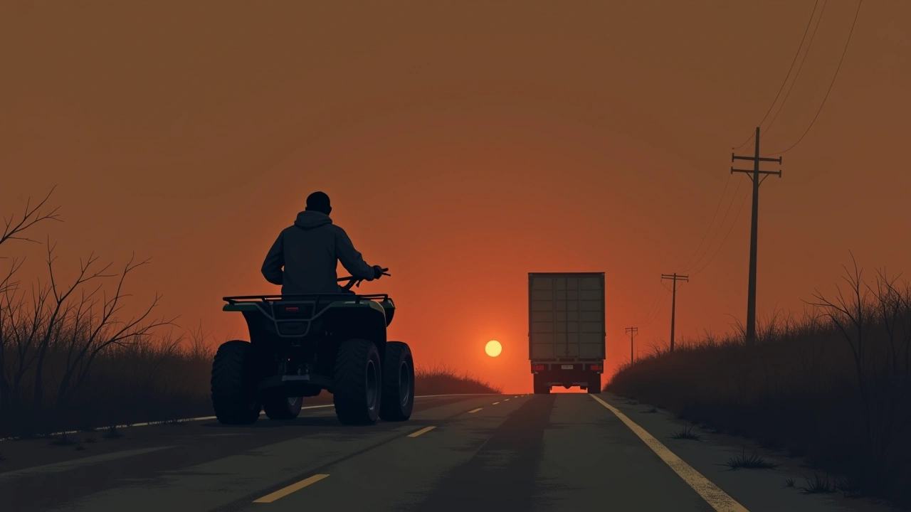 Illustration: a country road at dusk, a four-wheeler stopped just short of an oncoming truck.
