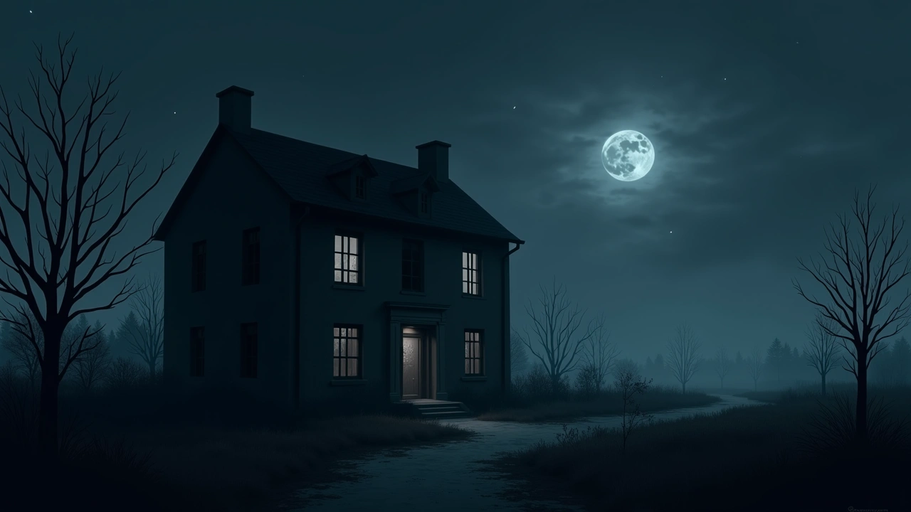 Illustration: an old, abandoned building at night, moonlight through broken windows.
