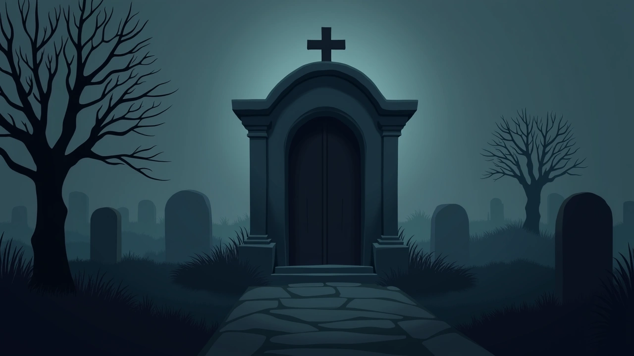 Illustration: a stone tomb entrance in a quiet, dim cemetery.
