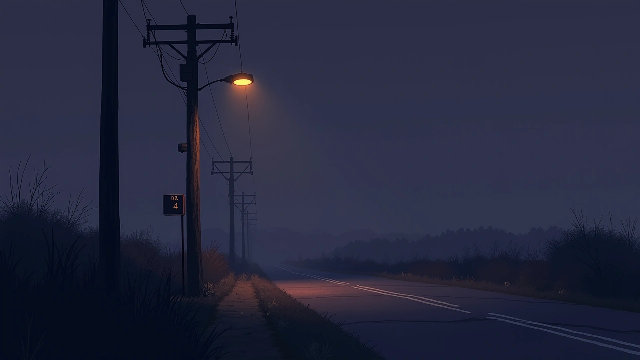 Illustration: a weathered telephone pole on a roadside at dusk, a glowing meter reading nearby.