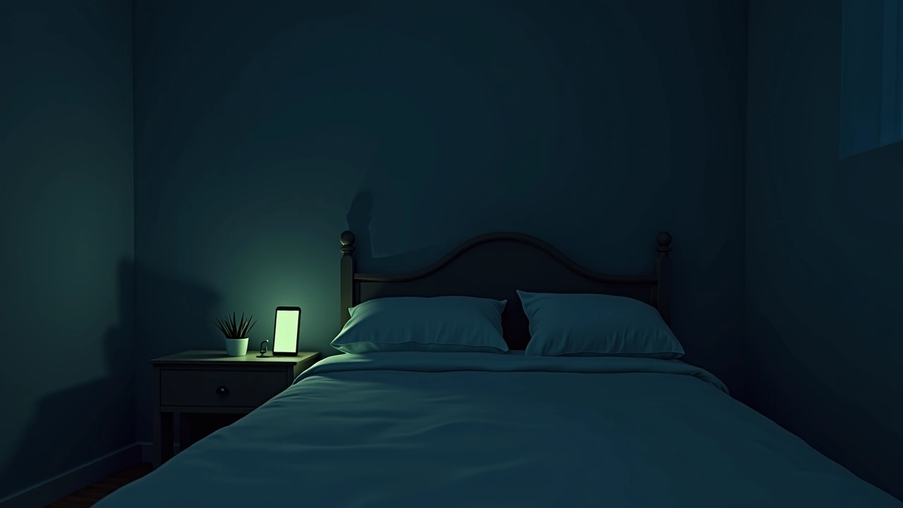 Illustration: a softly lit bedroom at night with a phone screen glowing green on a nightstand.