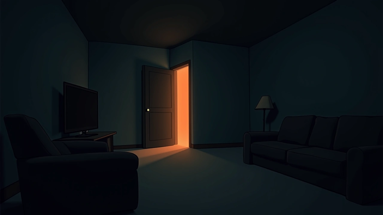 Illustration: A quiet, dark living room at night with a faint mist near a closed doorway, hinting at an unseen presence.