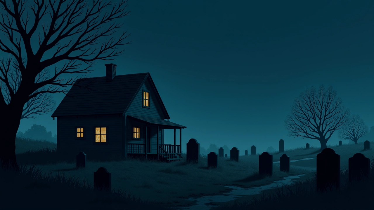 Illustration: a small graveyard beside a house at dusk, weathered headstones under bare trees.