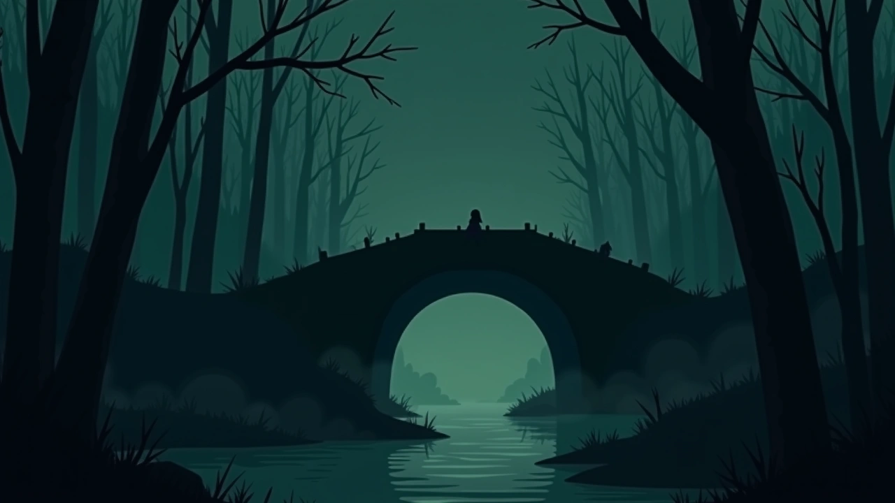Illustration: an old stone bridge at night, mist rising from the water below.