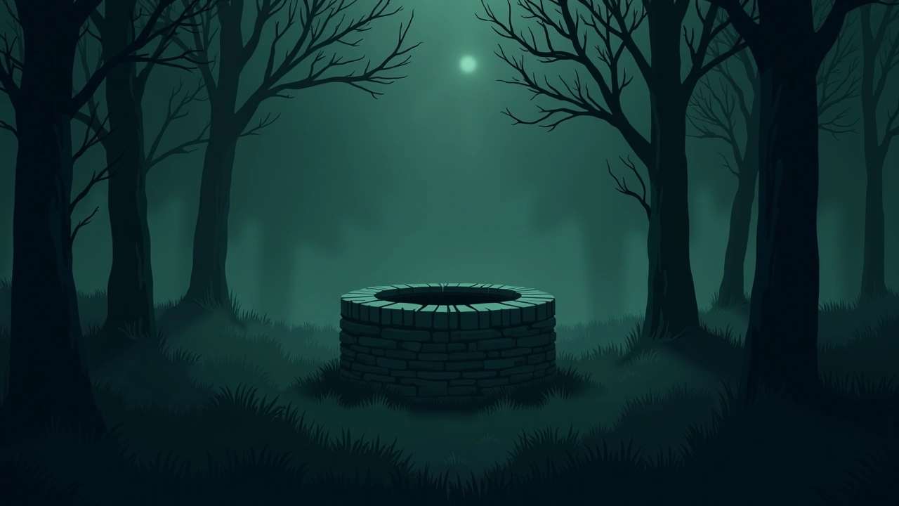 Illustration: an old stone well in overgrown grass at dusk.