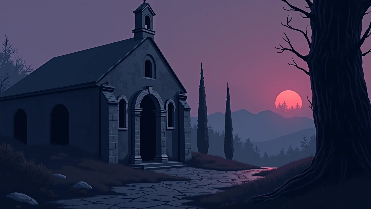 Illustration: a burnt-out stone church at an old monastery at dusk, scorched walls and empty windows.