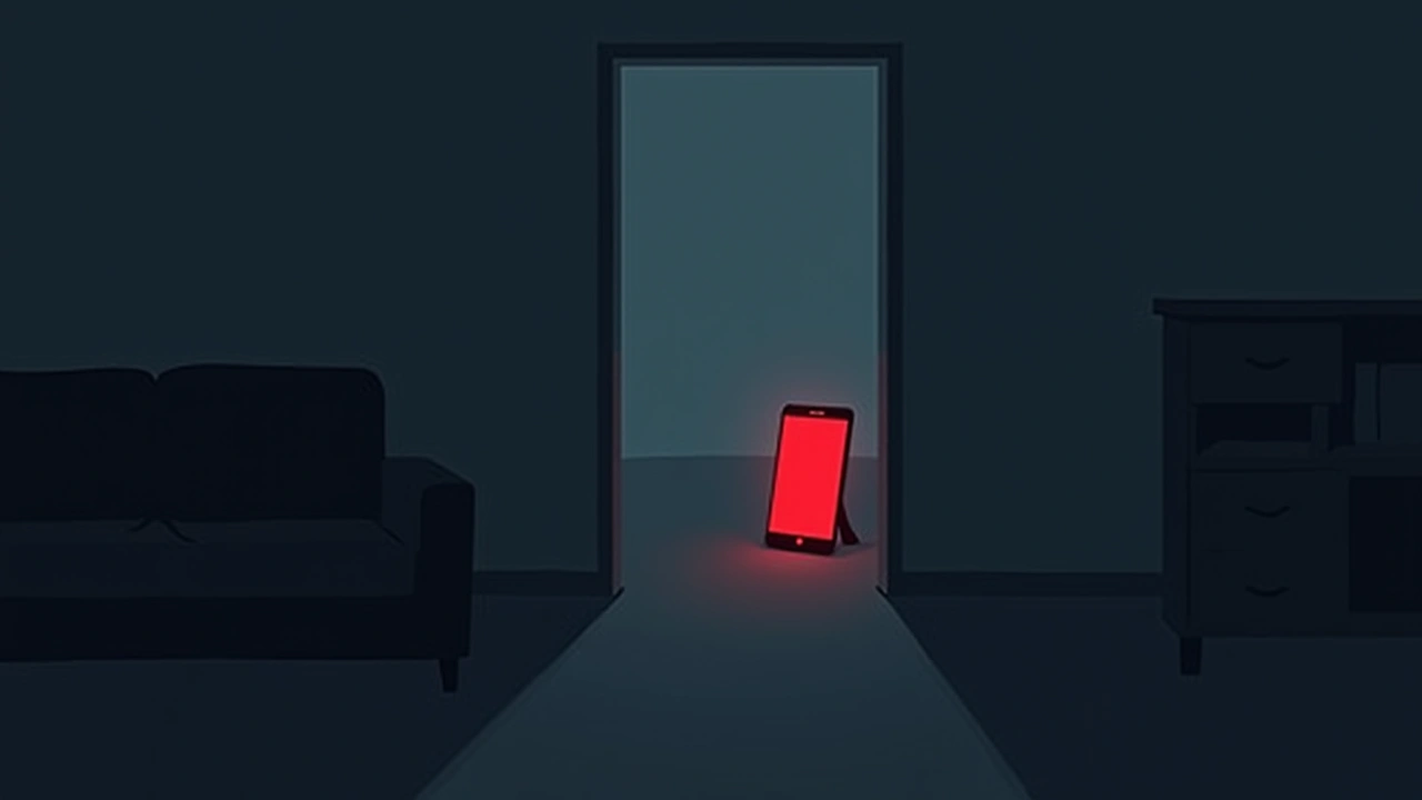 Illustration: a phone screen glowing deep red in a dim living room at night.