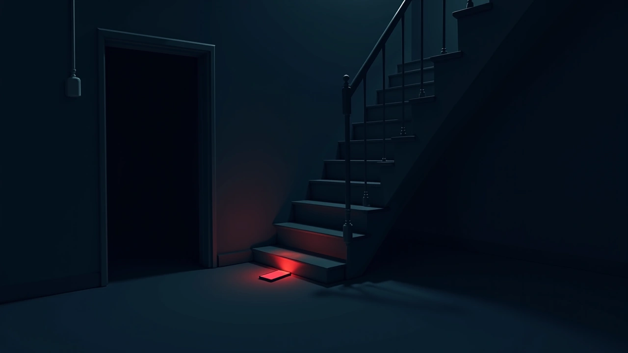 Illustration: a phone glowing red near a dark basement stairwell at night.