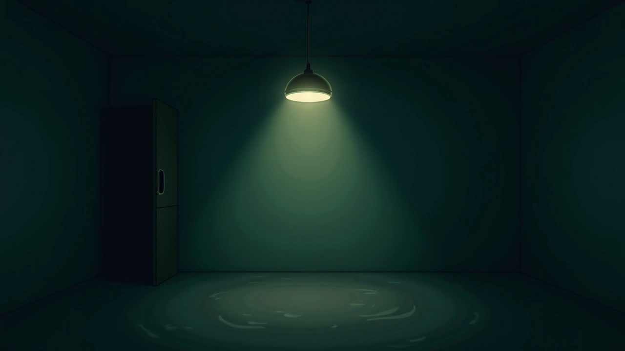 Illustration: a flickering ceiling light fixture in a room, moments before going dark.