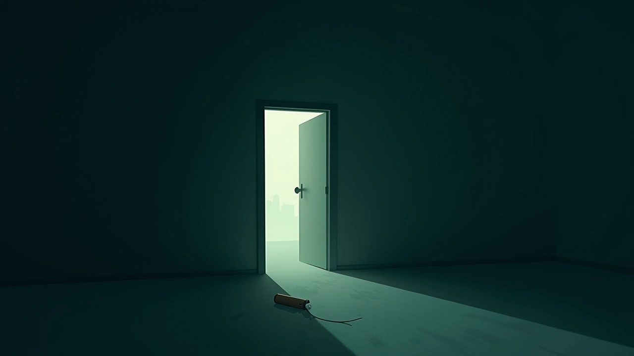 Illustration: A dim bedroom doorway left ajar, with an object fallen on the floor nearby.