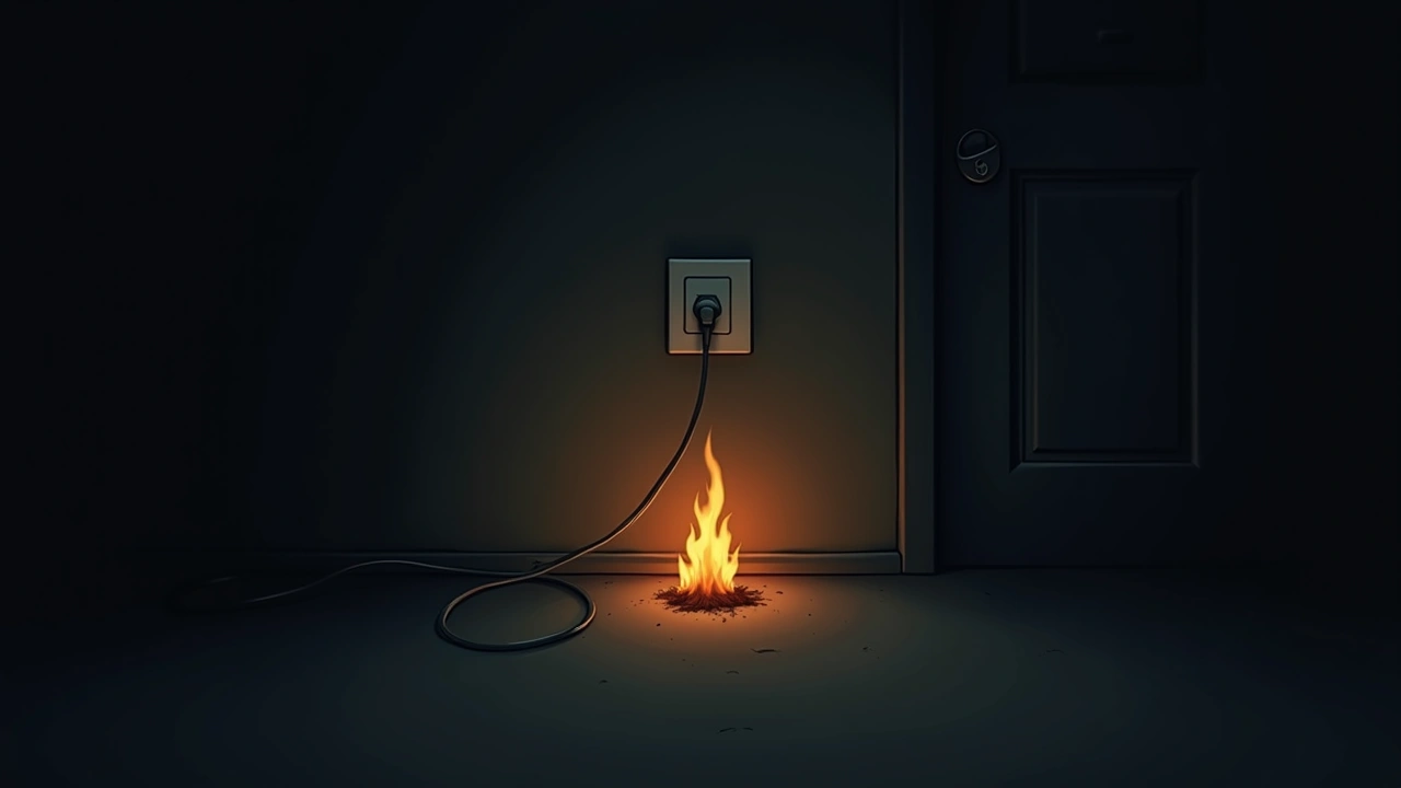 Illustration: a small electrical fire sparking near a wall outlet in a dim room.