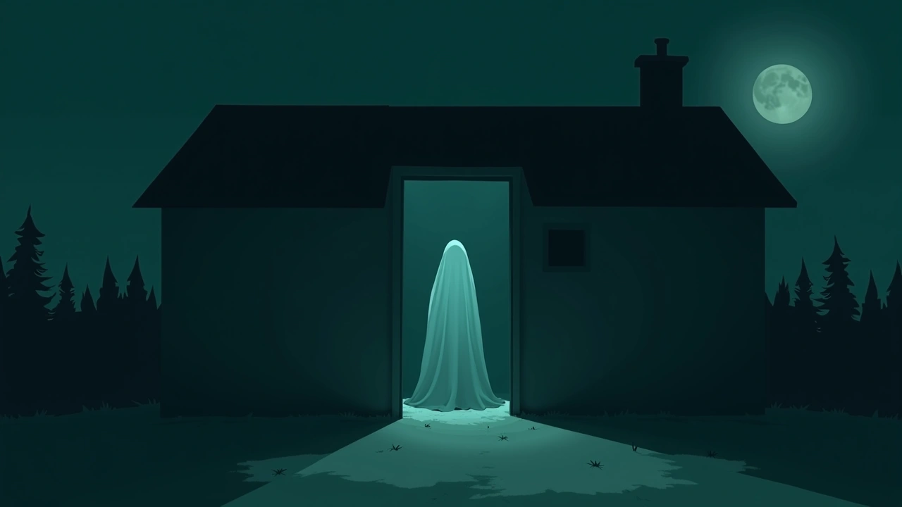 Illustration: an empty house at night under moonlight, a pale shrouded shape lingering in a dark doorway.