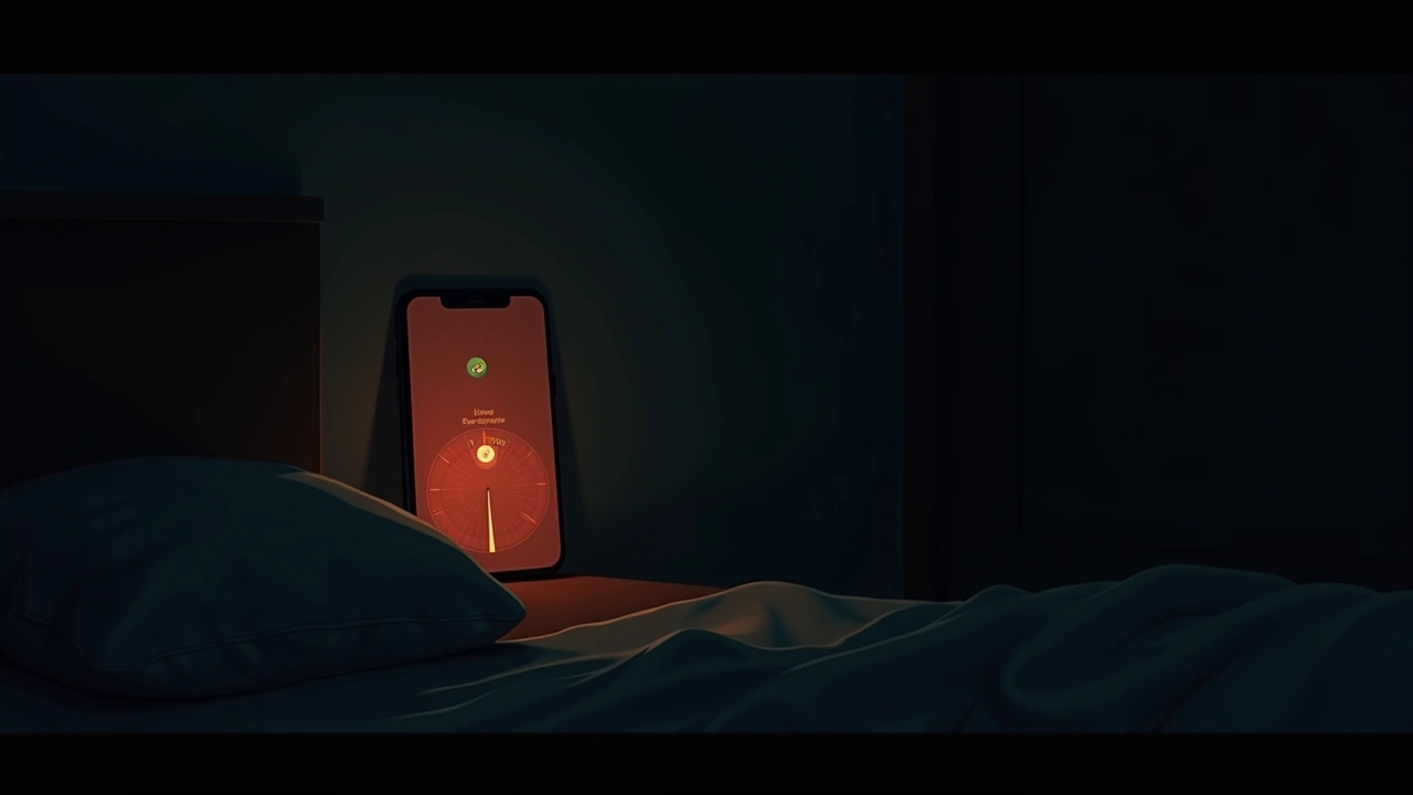 Illustration: A smartphone screen showing a radar display shifting from green to red in a dim bedroom.