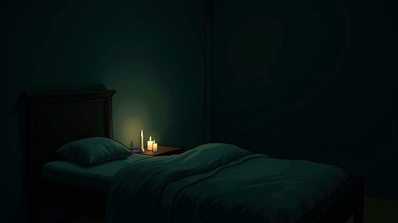 Illustration: a dim bedroom lit only by a few candles, a phone screen glowing red on the nightstand.