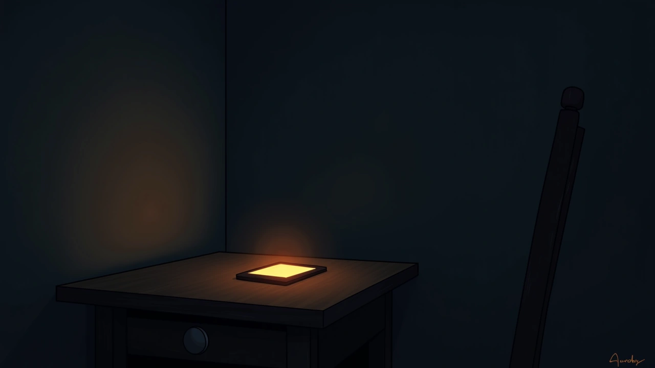 Illustration: A phone glowing ominously on a table in a dim, empty room at night.